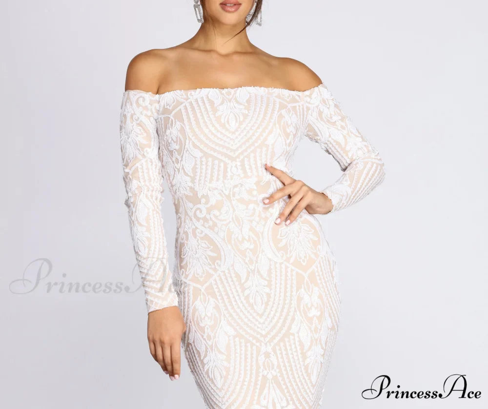 Sierra Sequin Off Charming The Shoulder Formal Dress