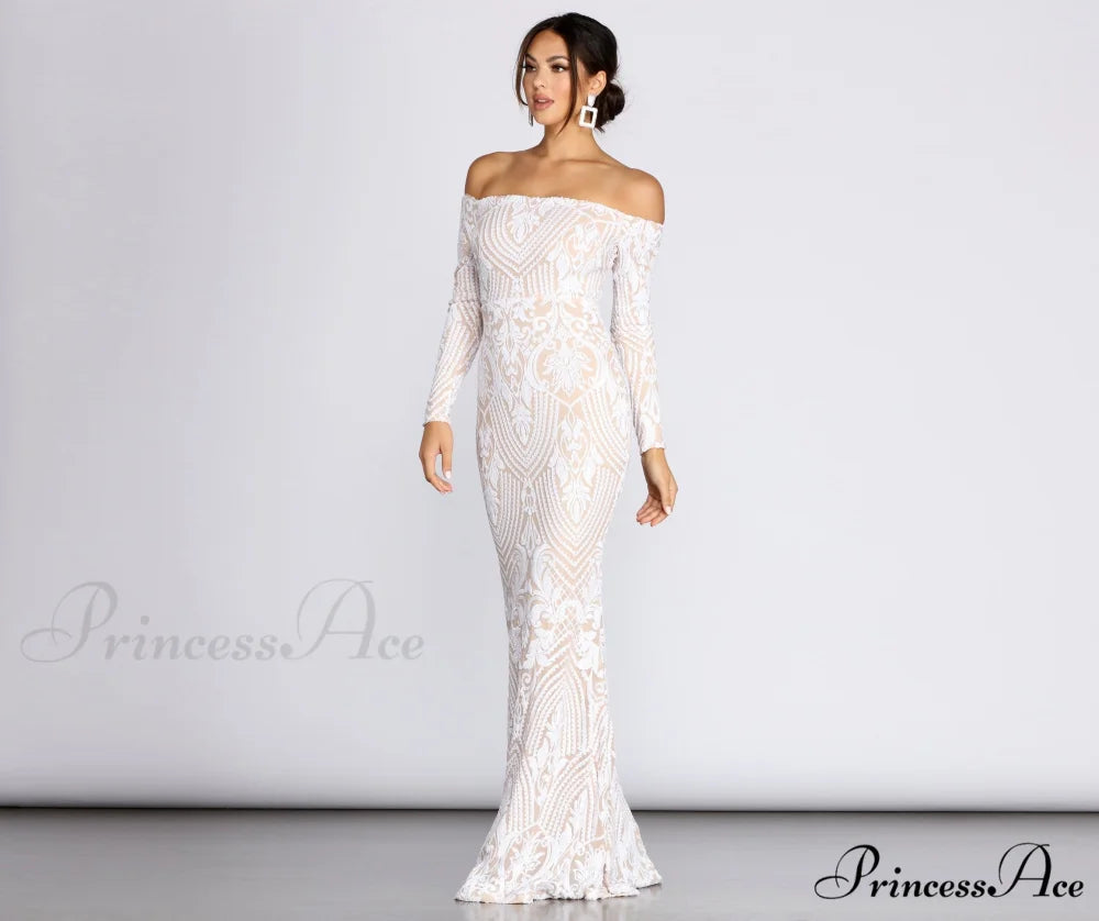 Sierra Sequin Off Charming The Shoulder Formal Dress