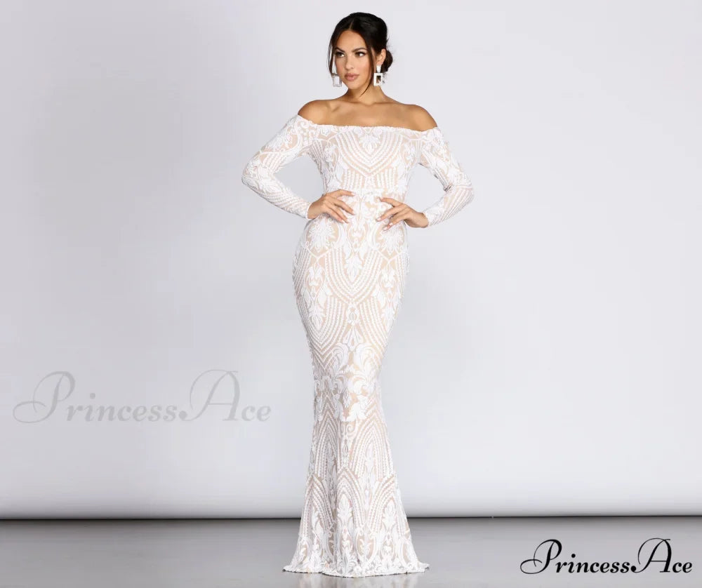 Sierra Sequin Off Charming The Shoulder Formal Dress