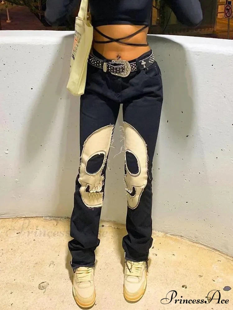 Sifreyr Skeleton Patterned Low Waist Jeans