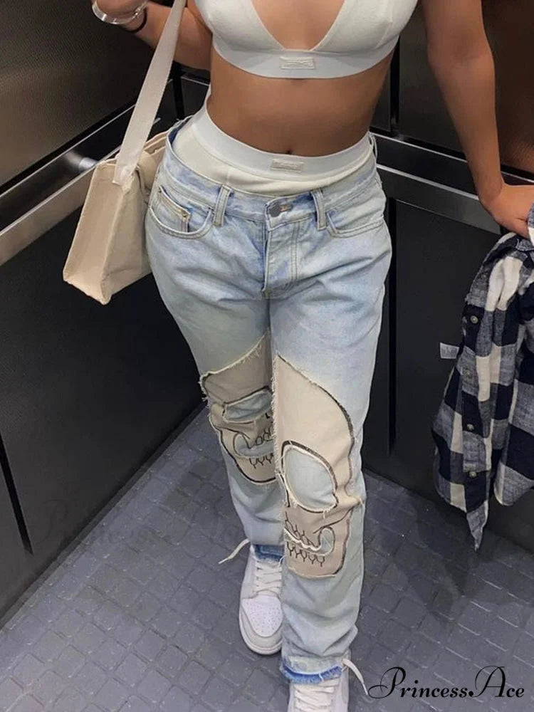 Sifreyr Skeleton Patterned Low Waist Jeans