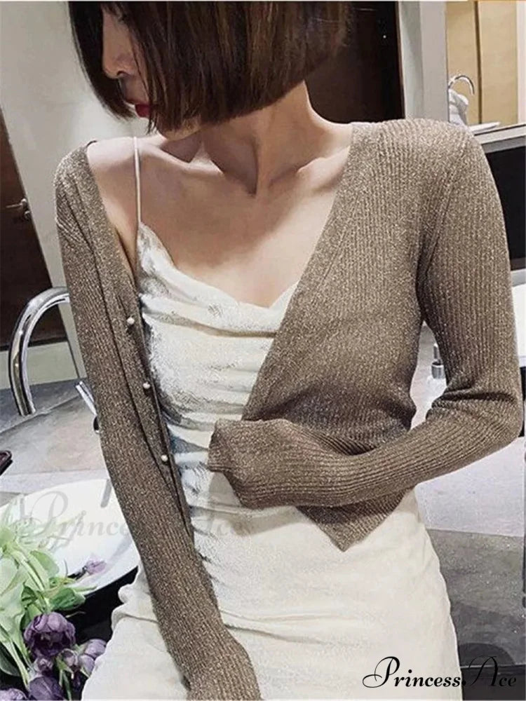 Silk Pearl Button V-neck Cardigan