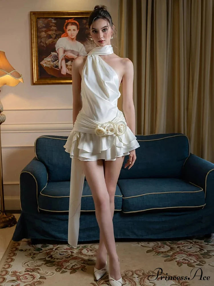 Silky 3D Blossom Halter Mini Dress