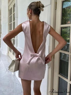 Silky Ribbon Open-Back Short Dress