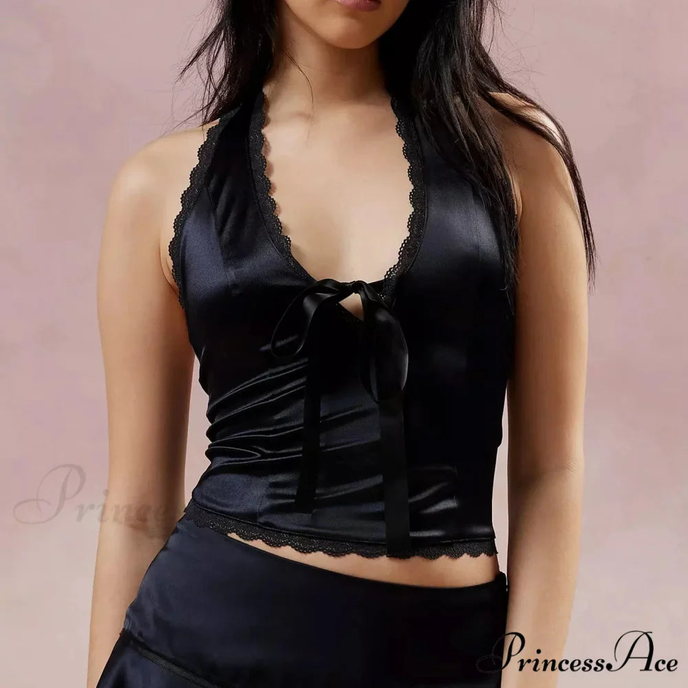 Silky Ribbon V-Neck Crop Top