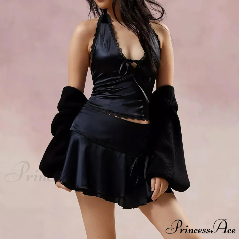 Silky Ribbon V-Neck Crop Top