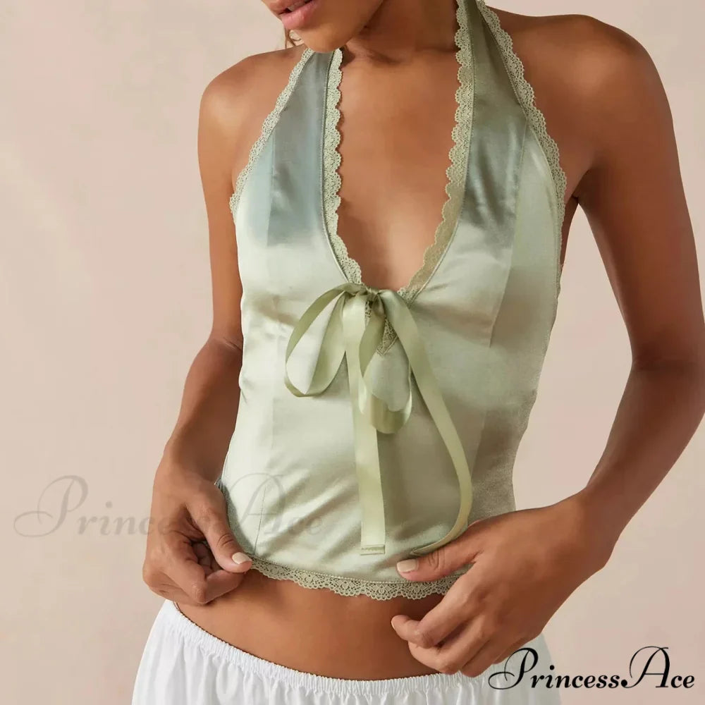 Silky Ribbon V-Neck Crop Top