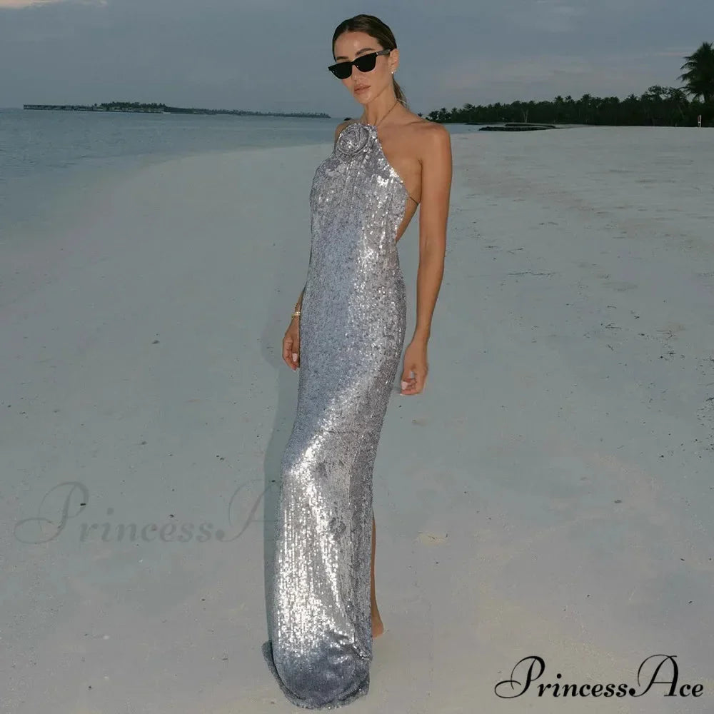 Silver Sequin Backless Evening Party Dress