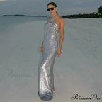 Silver Sequin Backless Evening Party Dress