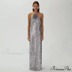 Silver Sequin Backless Evening Party Dress