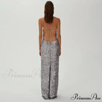 Silver Sequin Backless Evening Party Dress