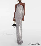 Silver Sequin Backless Evening Party Dress