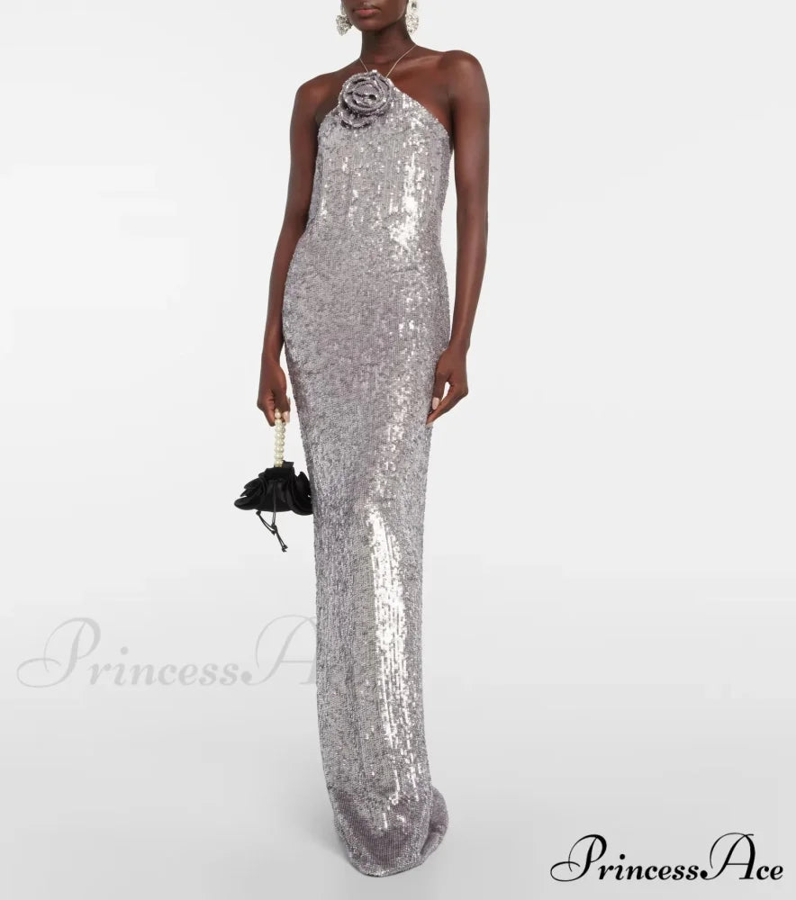 Silver Sequin Backless Evening Party Dress