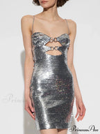 Silver Sequin Cut Out Mini Party Dress