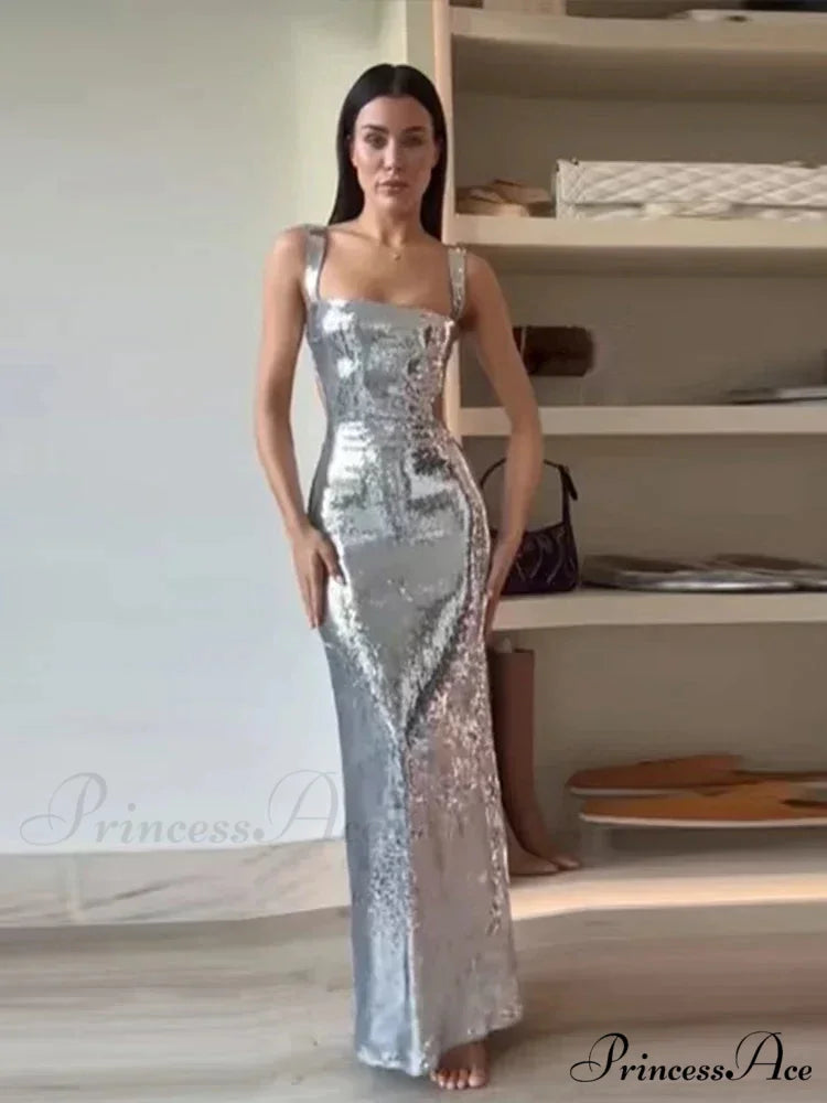 Silvery Backless Maxi Party Dress