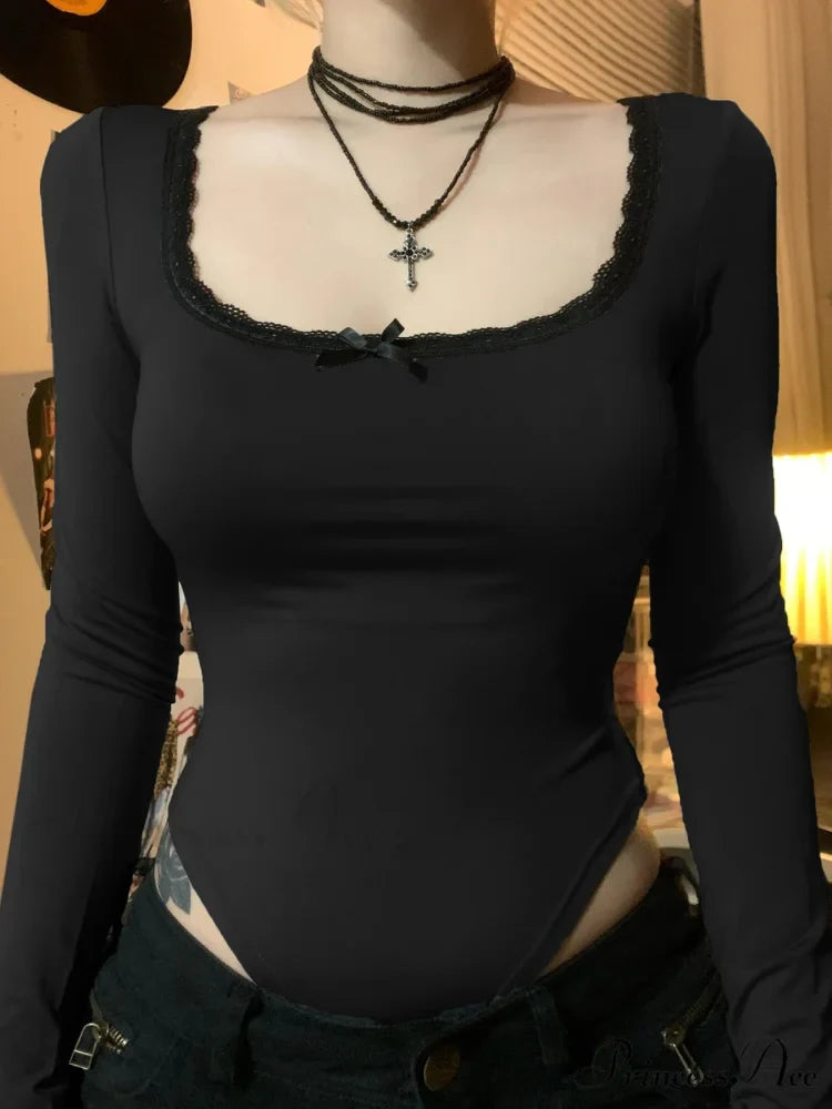 Simple Lace Trim Informal Slim Square Neck Knit Top