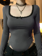 Simple Lace Trim Informal Slim Square Neck Knit Top