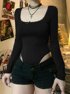 Simple Lace Trim Informal Slim Square Neck Knit Top