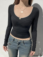 Simple Lace Trim Narrow Square Neck Long Sleeve Knit Top