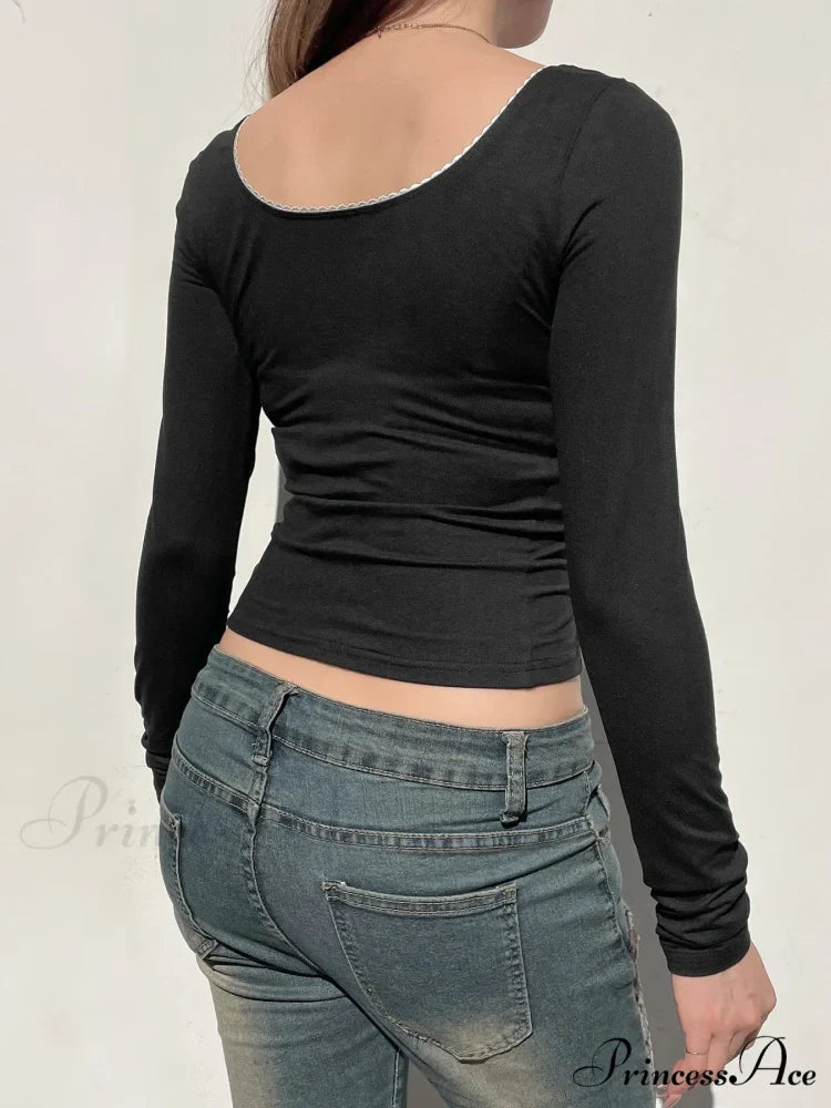 Simple Lace Trim Narrow Square Neck Long Sleeve Knit Top
