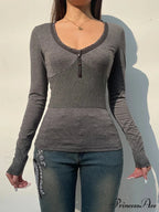 Simple Patchwork Sleek Deep V-Neck Long Sleeve Knit Top