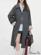 Single Breasted Korean Design Sense Contrasting Color Medium Long Stylish Coat