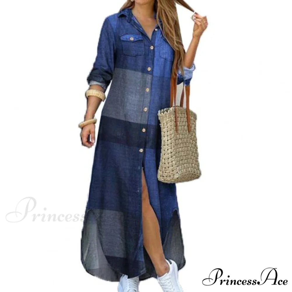Single-breasted Long Sleeve Printed Loose Shirt Dress