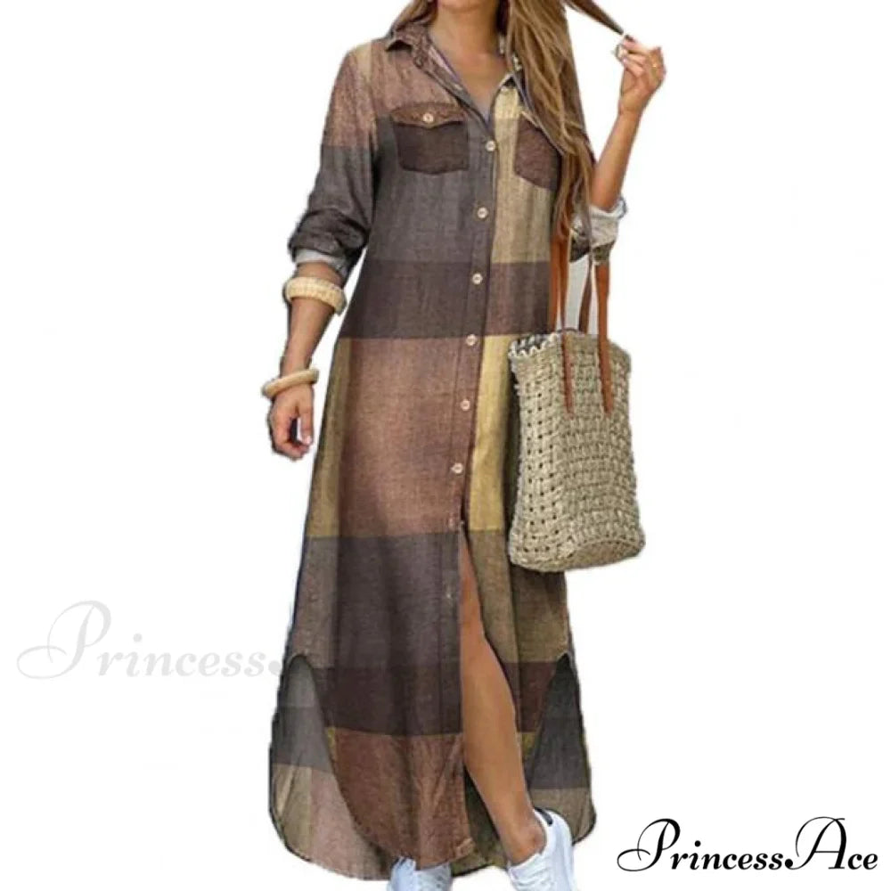 Single-breasted Long Sleeve Printed Loose Shirt Dress