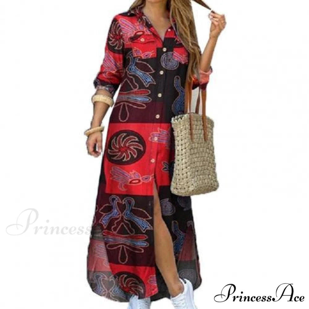 Single-breasted Long Sleeve Printed Loose Shirt Dress