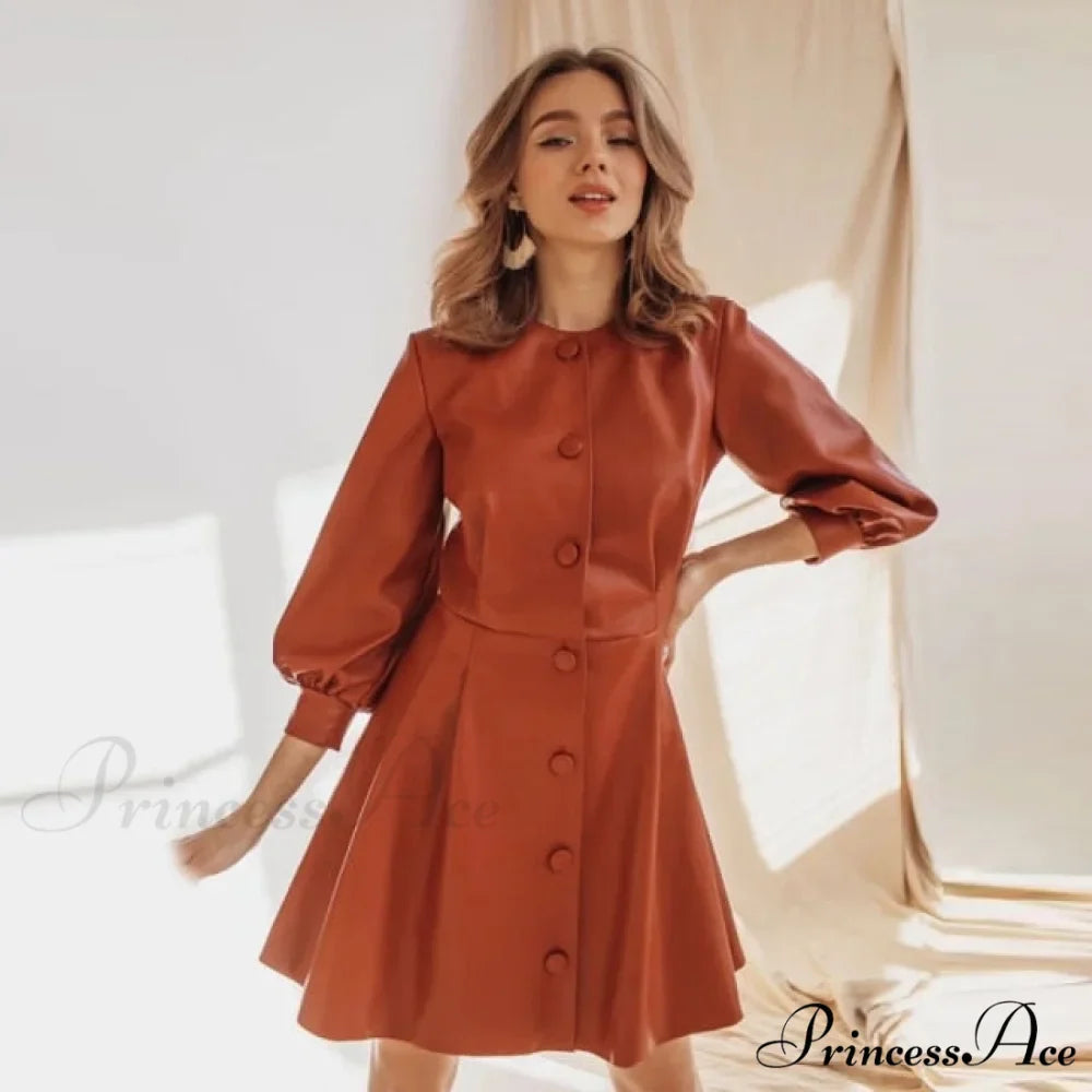 Single Breasted O Neck PU Leather Dresses