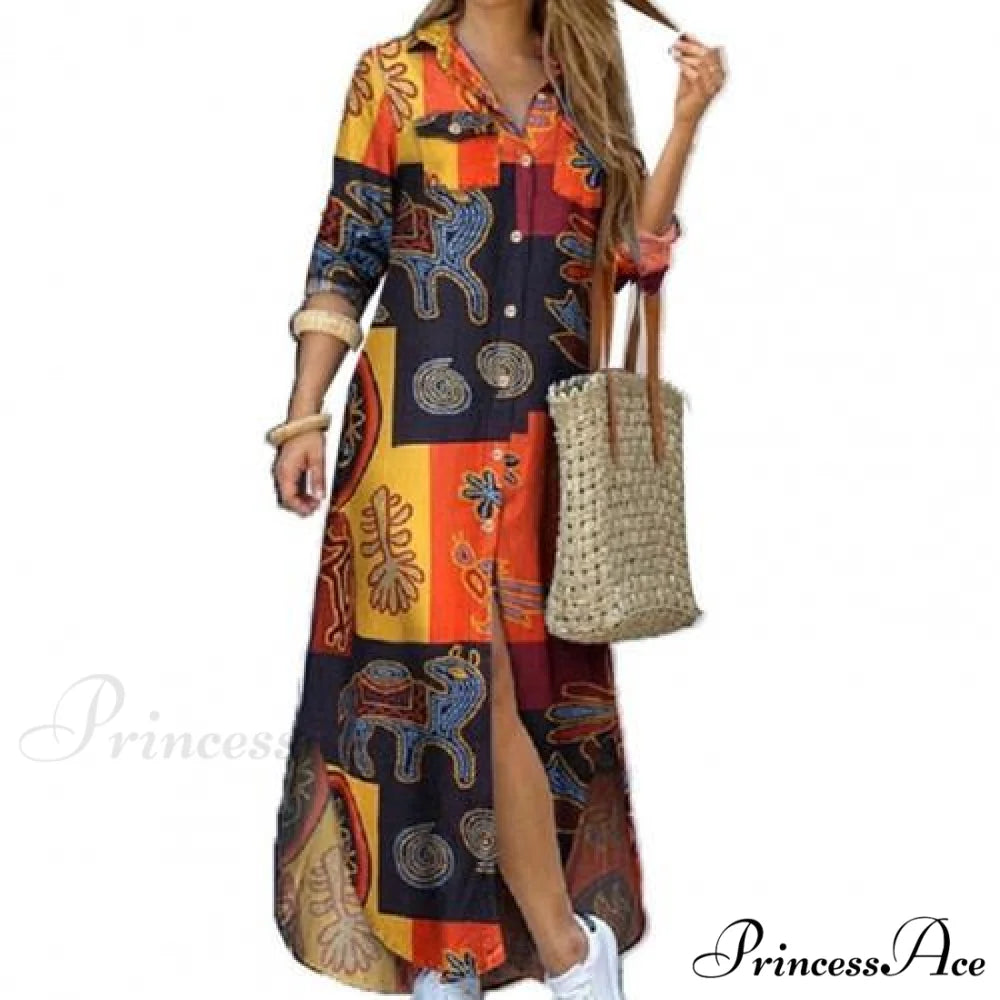 Single-breasted Printed Loose Maxi Shirt Dress