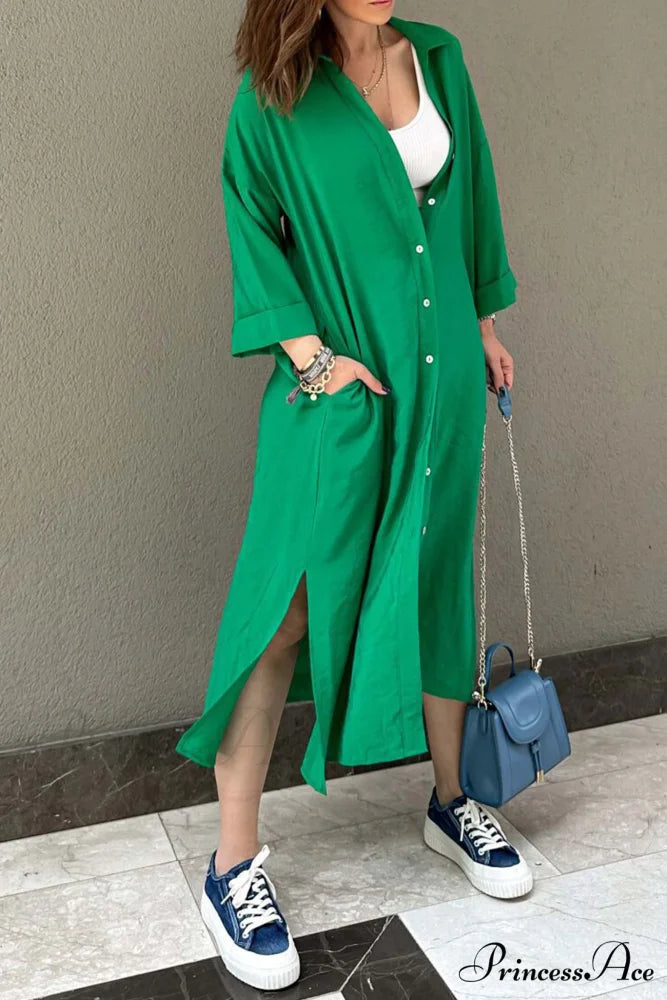 Single-breasted Slit Shirt Dress in Solid Color