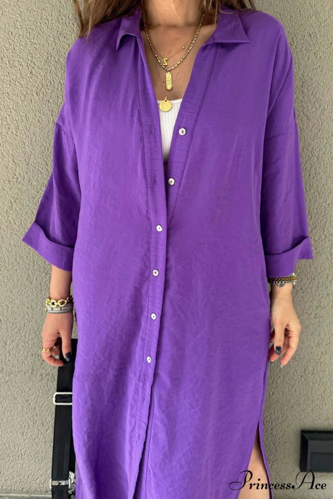 Single-breasted Slit Shirt Dress in Solid Color