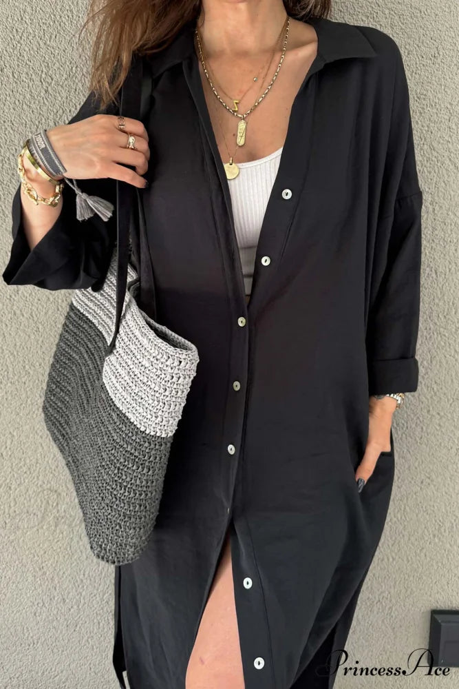 Single-breasted Slit Shirt Dress in Solid Color