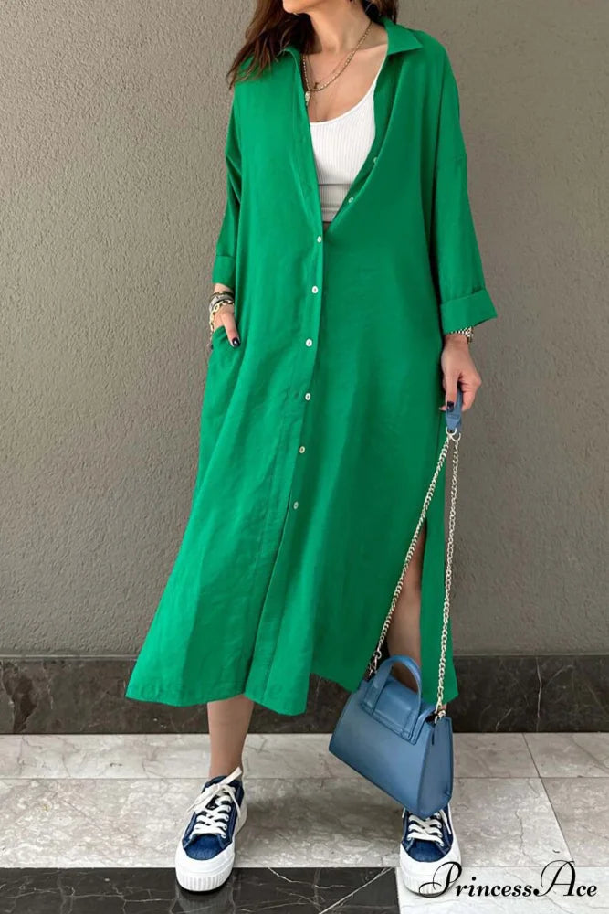 Single-breasted Slit Shirt Dress in Solid Color