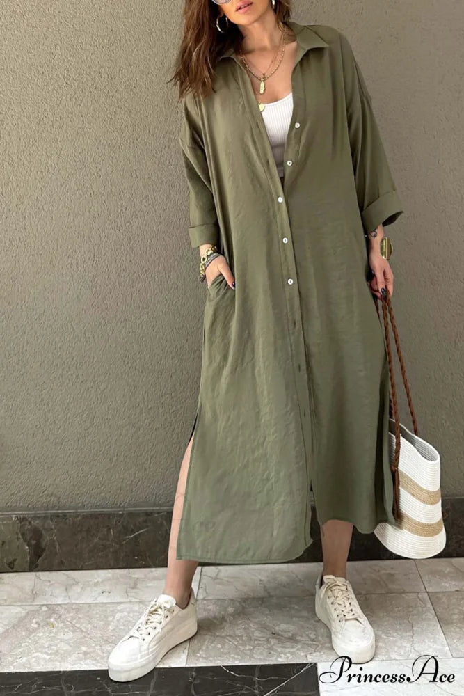 Single-breasted Slit Shirt Dress in Solid Color