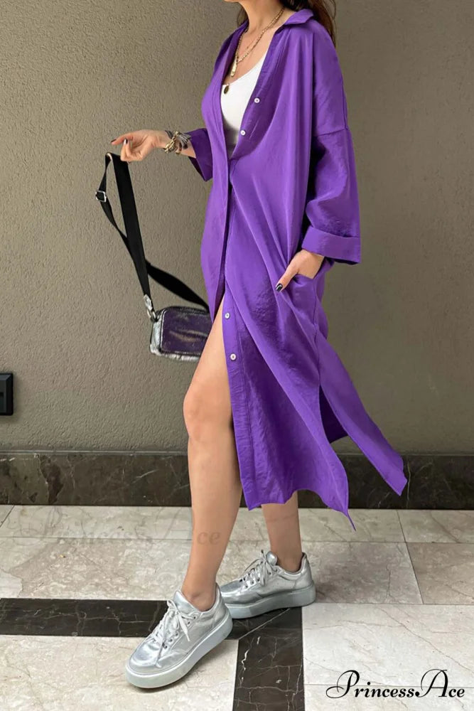 Single-breasted Slit Shirt Dress in Solid Color