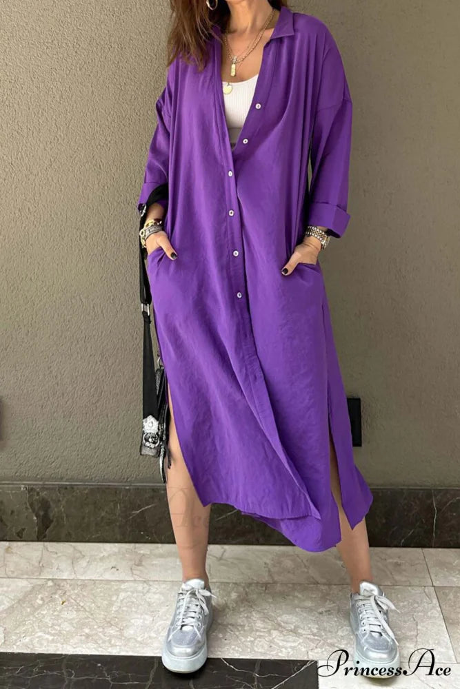 Single-breasted Slit Shirt Dress in Solid Color