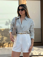 Single Breasted Stripe Full Sleeve Loose Informal Blouse