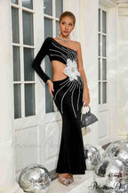 Single Shoulder Pearl Decorated Sophisticated Prom Gown