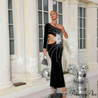 Single Shoulder Pearl Decorated Sophisticated Prom Gown