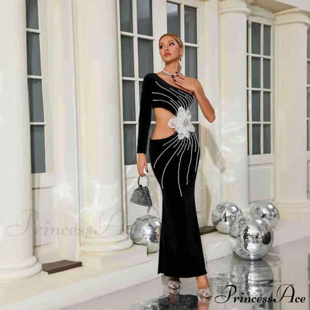 Single Shoulder Pearl Decorated Sophisticated Prom Gown