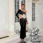 Single Shoulder Pearl Decorated Sophisticated Prom Gown