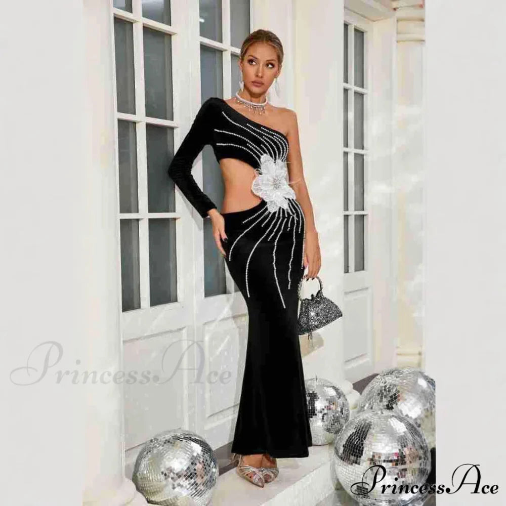 Single Shoulder Pearl Decorated Sophisticated Prom Gown
