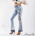 Size S-4XL Elastic Flower Embroidered Flare Womens Retro Style Bell Bottom Skinny Autumn Denim Women Jean
