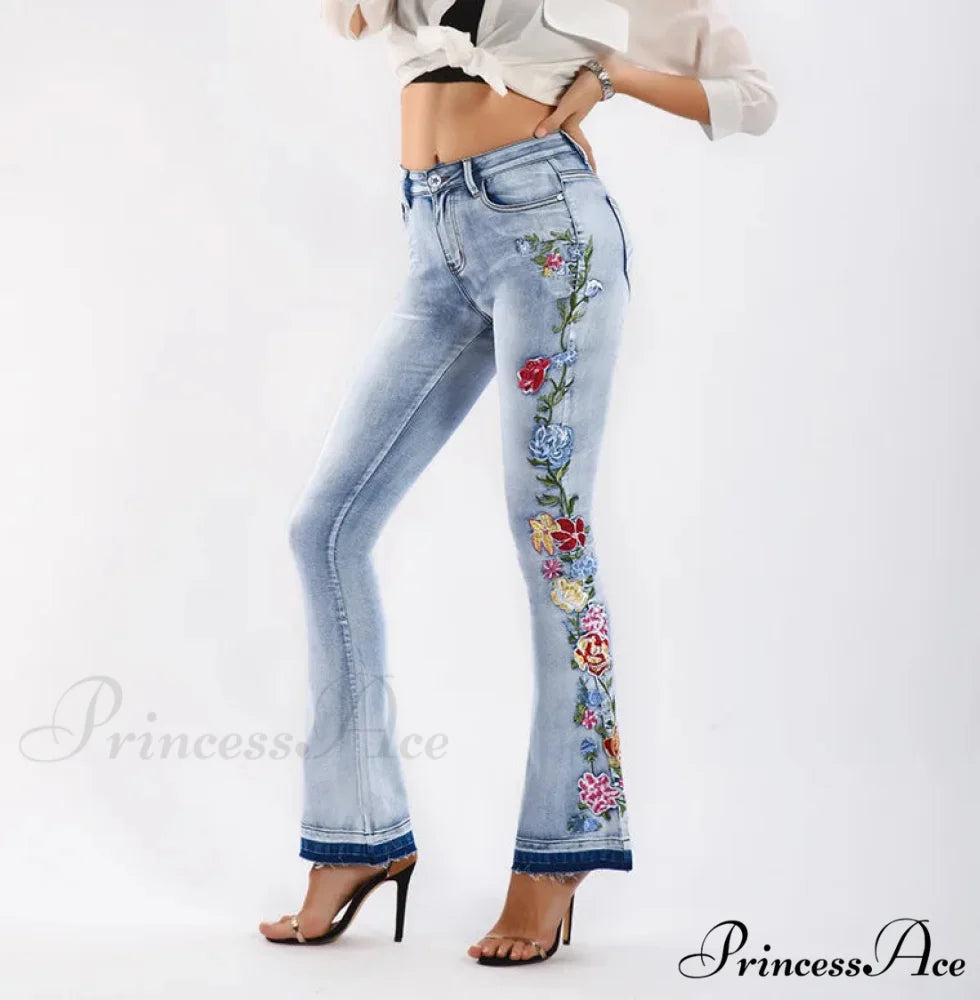 Size S-4XL Elastic Flower Embroidered Flare Womens Retro Style Bell Bottom Skinny Autumn Denim Women Jean