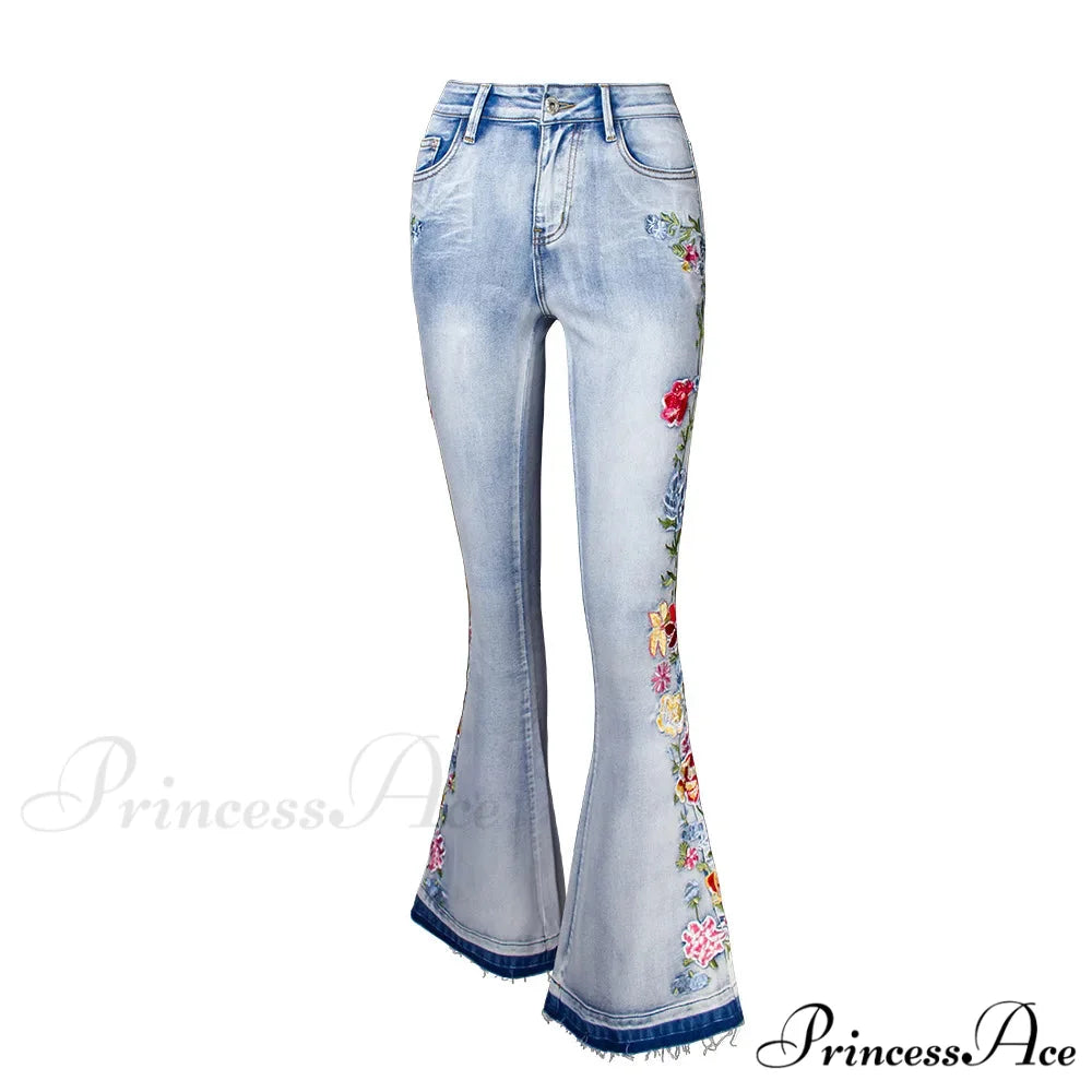 Size S-4XL Elastic Flower Embroidered Flare Womens Retro Style Bell Bottom Skinny Autumn Denim Women Jean