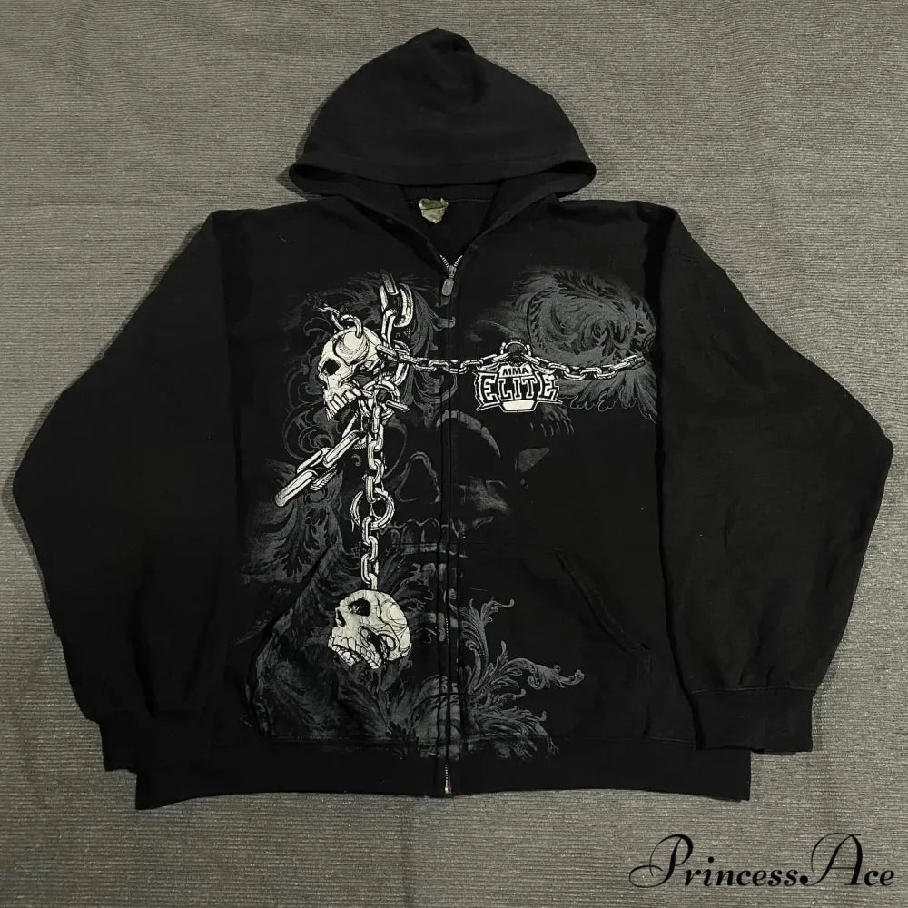 Skeleton Illustration Zipper Hooded Sweatshirt