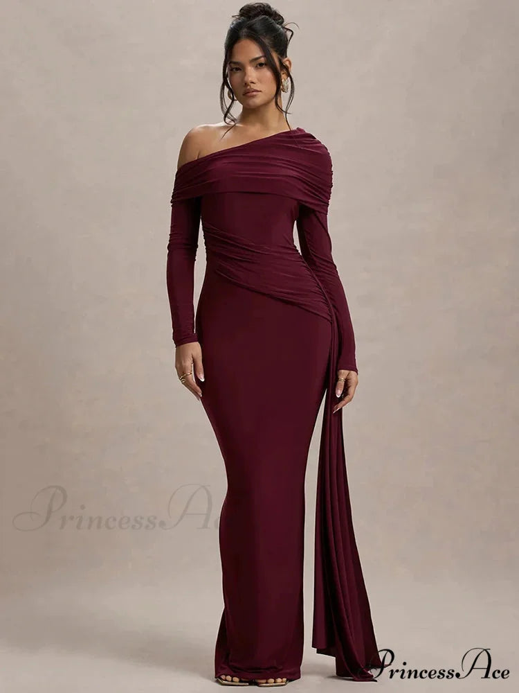 Skew Collar Long Sleeve Maxi Party Dress