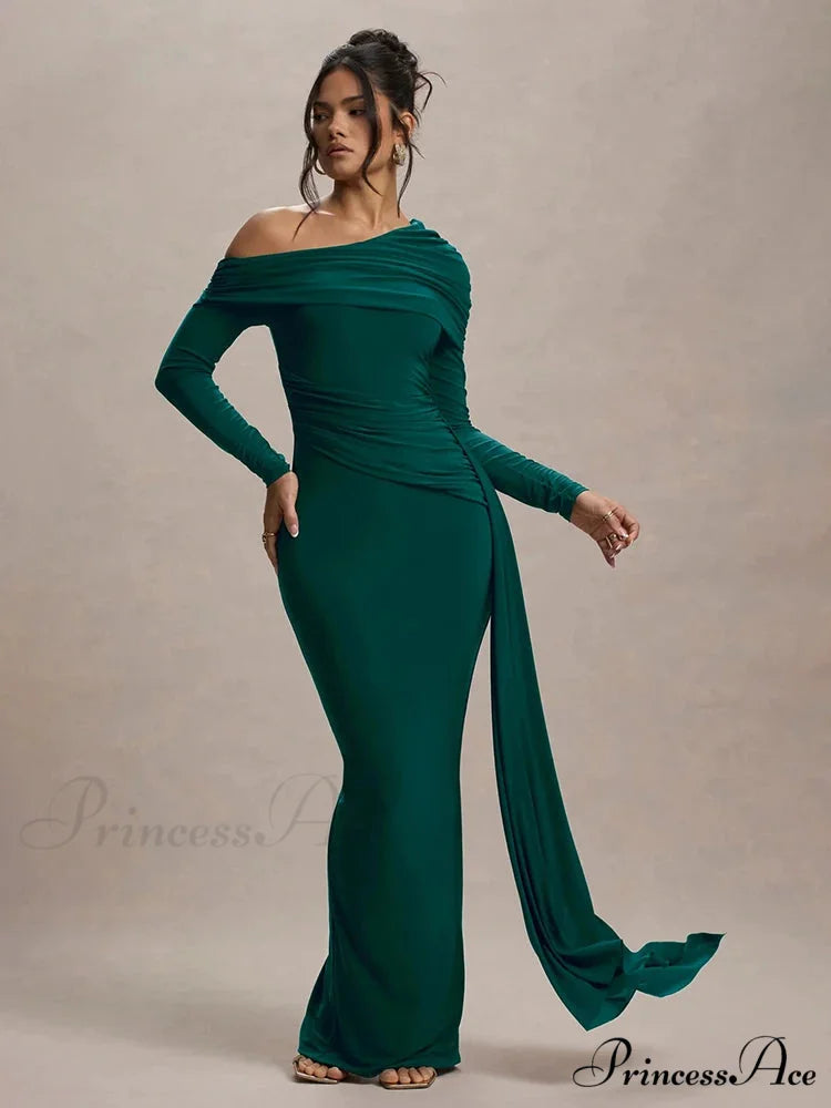 Skew Collar Long Sleeve Maxi Party Dress